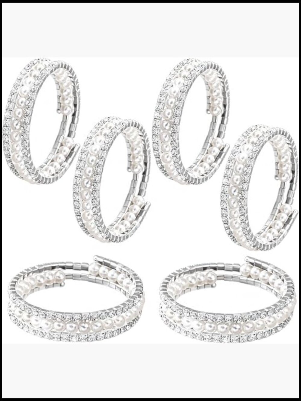 6-Piece Rhinestone Pearl Stackable Bracelet Set Adjustable Open Cuff